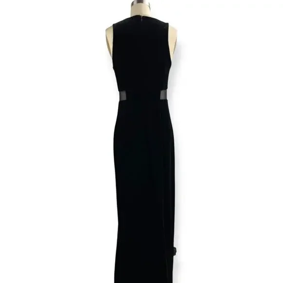 90's sexy black velvet long fitted dress with high slit and mesh crystal trim - Picture 4 of 16